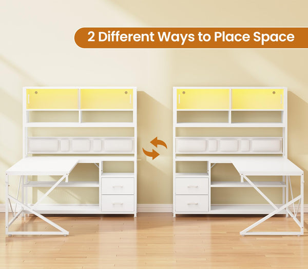 L-Shaped Gaming Desk with Bookshelf, LED Light & Storage Drawers
