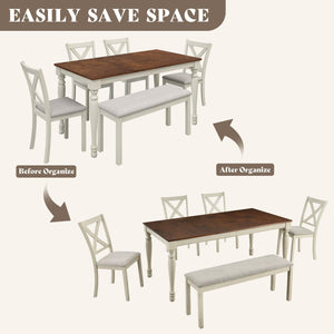 6-Piece Farmhouse Solid Wood Dining Table Set with Chairs and Bench