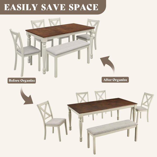 6-Piece Farmhouse Solid Wood Dining Table Set with Chairs and Bench
