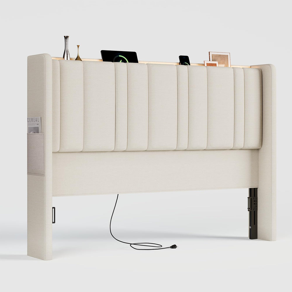 Queen Size Wingback Headboard with LED Light, Storage & Charging Station