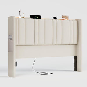 Queen Size Wingback Headboard with LED Light, Storage & Charging Station
