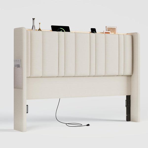 Queen Size Wingback Headboard with LED Light, Storage & Charging Station