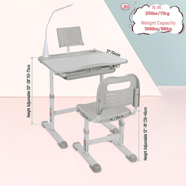 Kids Height-Adjustable Desk and Chair Set with LED Light, Drawer & Bookstand