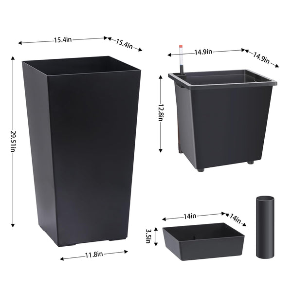 Tall Self-Watering Outdoor Planters Set of 2 with Drainage & Water Level Monitor