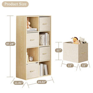 Cube Storage Organizer with Fabric Bins — Solid Wood Bookshelf