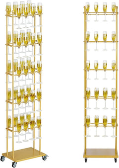 5-Tier Floor Standing Champagne Glass Rack with Wheels – 40-Glass Gold Metal Stand