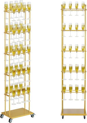 5-Tier Floor Standing Champagne Glass Rack with Wheels – 40-Glass Gold Metal Stand