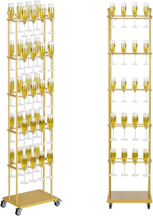 5-Tier Floor Standing Champagne Glass Rack with Wheels – 40-Glass Gold Metal Stand