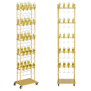 5-Tier Floor Standing Champagne Glass Rack with Wheels – 40-Glass Gold Metal Stand
