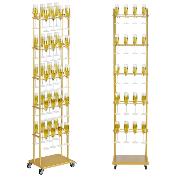 5-Tier Floor Standing Champagne Glass Rack with Wheels – 40-Glass Gold Metal Stand