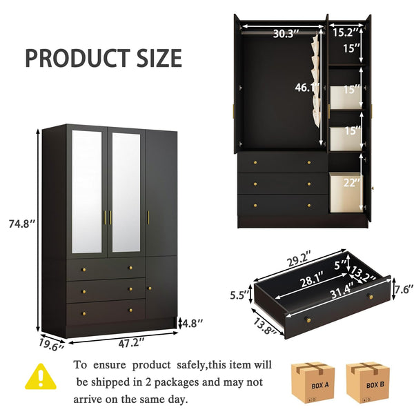 3-Door Wardrobe Closet with Mirror & LED Lights