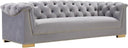 Velvet Button-Tufted Sofa with Gold Nailhead Detail & Steel Legs