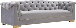 Velvet Button-Tufted Sofa with Gold Nailhead Detail & Steel Legs