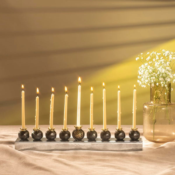Aluminum Hanukkah Menorah – Pomegranate Strip Design, 14.5"