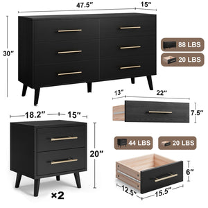 6-Drawer Dresser & 2-Drawer Nightstands Set – 3-Piece Bedroom Set, Black