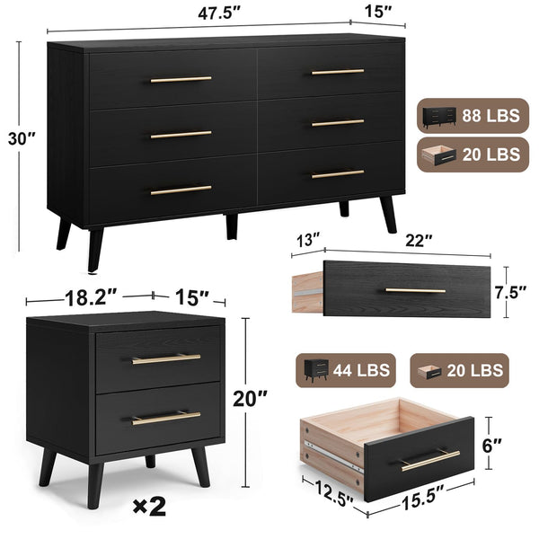 6-Drawer Dresser & 2-Drawer Nightstands Set – 3-Piece Bedroom Set, Black