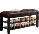 Solid Wood Shoe Storage Bench with Lift-Top Leather Seat, 2-Tier Entryway Organizer