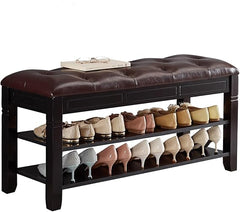 Solid Wood Shoe Storage Bench with Lift-Top Leather Seat, 2-Tier Entryway Organizer
