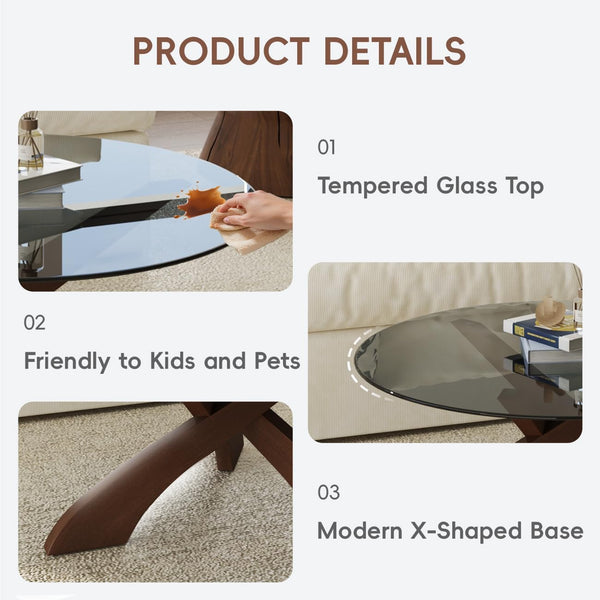 30.7" Round Glass Coffee Table with Walnut Wood X-Base