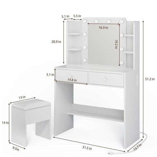 White Vanity Desk with Mirror and Lights