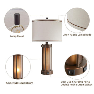 Farmhouse Table Lamps Set of 2 with USB Charging Ports & Amber Glass Nightlight