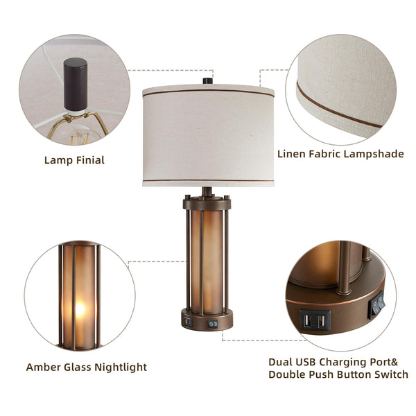 Farmhouse Table Lamps Set of 2 with USB Charging Ports & Amber Glass Nightlight