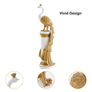 Decorative Peacock Statue – Resin Art Deco Sculpture (White & Gold)
