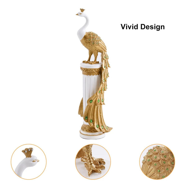 Decorative Peacock Statue – Resin Art Deco Sculpture (White & Gold)