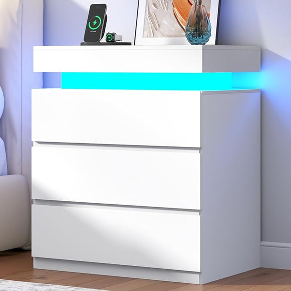 Nightstand with Charging Station and LED Lights – 3 Drawers