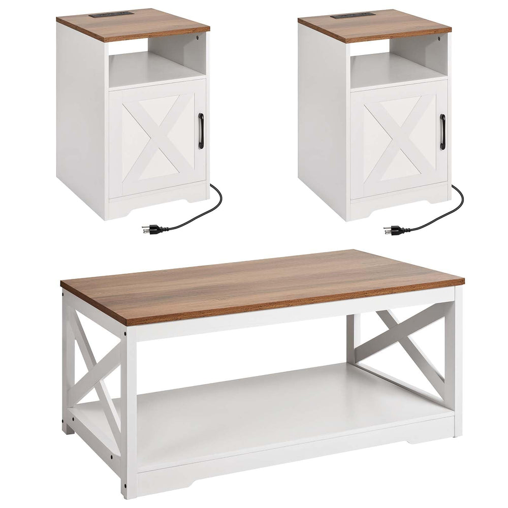3-Piece Farmhouse Coffee Table Set with Charging Station