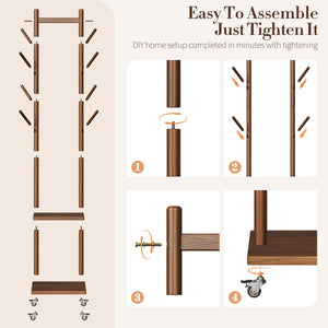 Solid Wood Rolling Coat Rack with Hooks & Shelves