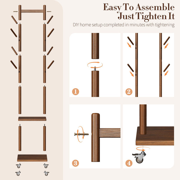 Solid Wood Rolling Coat Rack with Hooks & Shelves