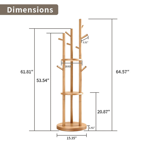 Solid Wood Rotary Coat Rack with Shelves & Hooks