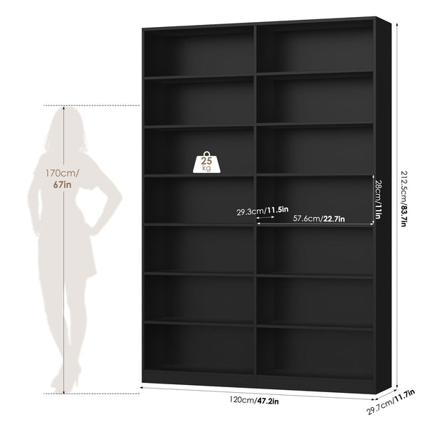 7-Tier Dual-Row Bookshelf with 14 Open Shelves