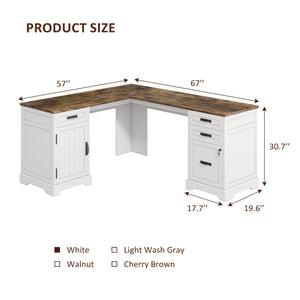 L-Shaped Executive Desk with File Cabinet & Charging Station, 67 Inch