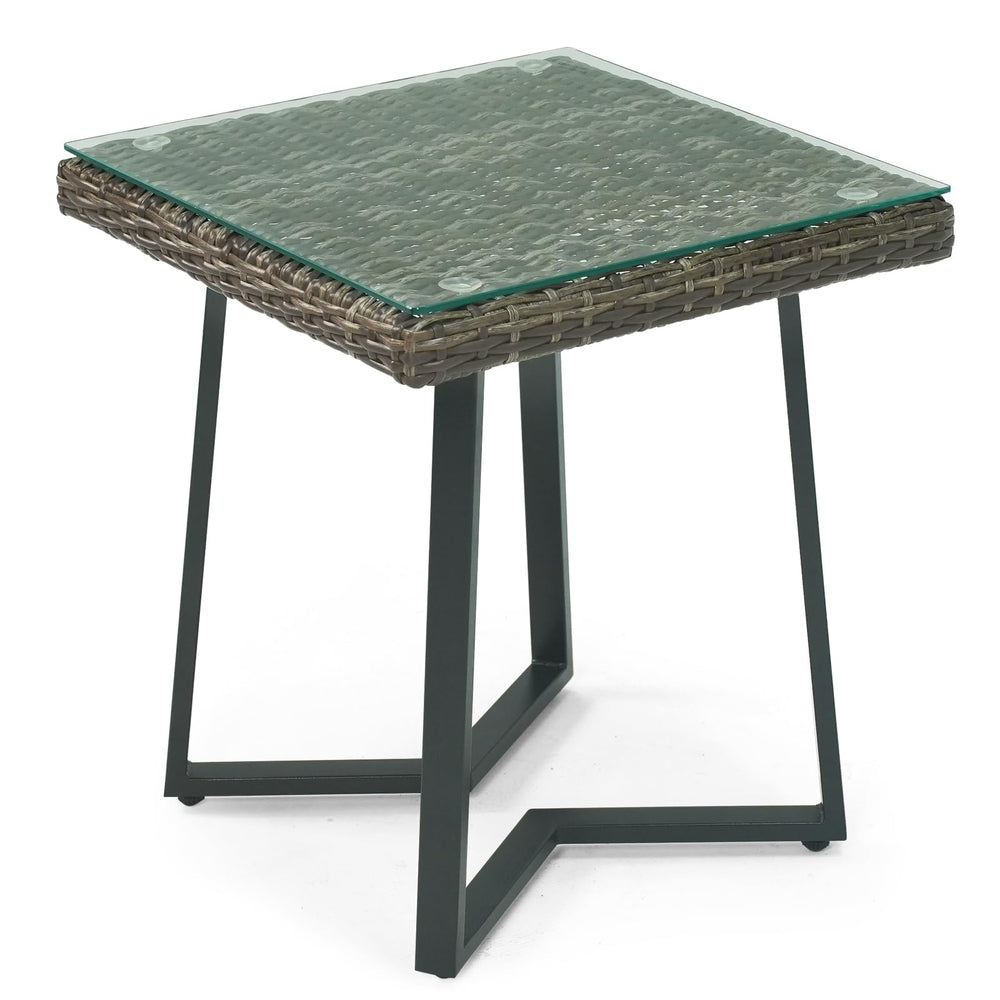 Outdoor Rattan Side Table with Tempered Glass Top