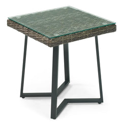 Outdoor Rattan Side Table with Tempered Glass Top