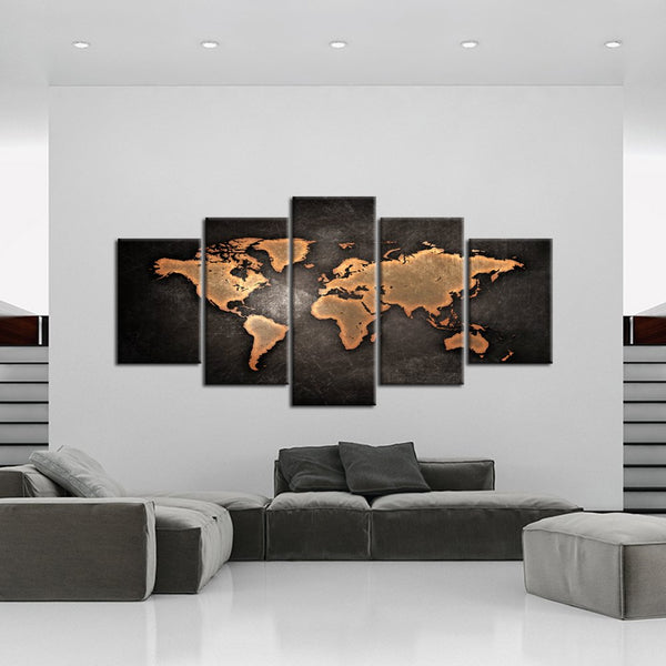 Retro World Map Canvas Print – 5 Piece Set