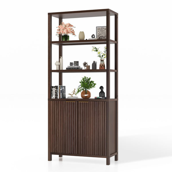 6-Tier Bookcase with Fluted Doors, 71" Wood Storage Cabinet