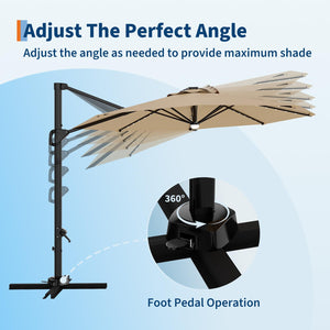 10 ft Cantilever Patio Umbrella with Solar LED Lights & 360° Rotation