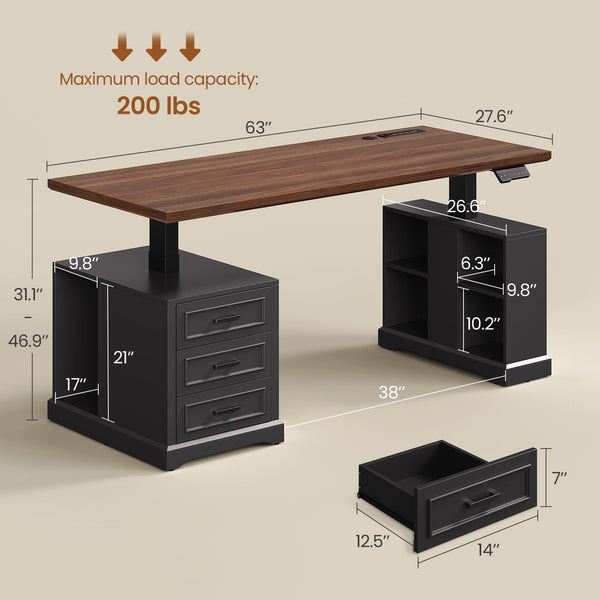 Electric Standing Desk with Drawers, Storage Shelves & Power Outlets – 63 Inch