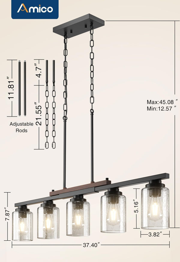 Black Farmhouse Kitchen Island Chandelier with Seeded Glass