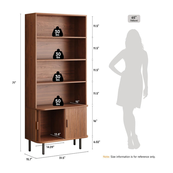 71" 4-Tier Bookshelf with Sliding Door Storage Cabinet