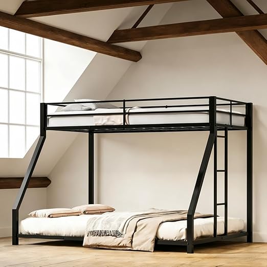 Metal Triple Bunk Bed with Guardrails & Ladder — Twin, Twin XL & Queen Options