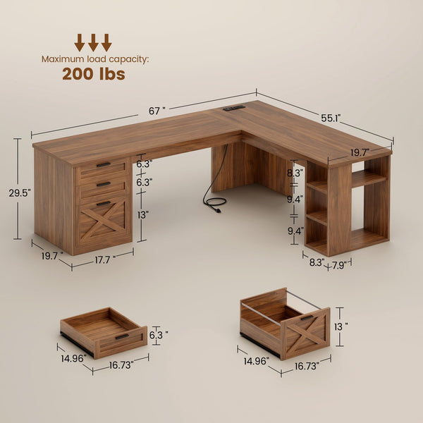 L-Shaped Farmhouse Desk with Drawers, Power Outlets & Storage Shelves