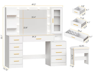 Lighted Vanity Desk with Mirror, Glass Top & Stool