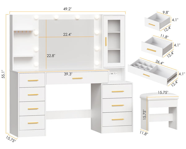 Lighted Vanity Desk with Mirror, Glass Top & Stool