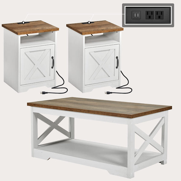 3-Piece Farmhouse Coffee Table Set with End Tables & Charging Station