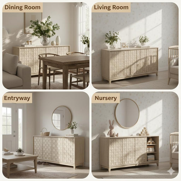 60-Inch Sideboard Buffet Cabinet with 3D Checkerboard Doors & Wood Legs