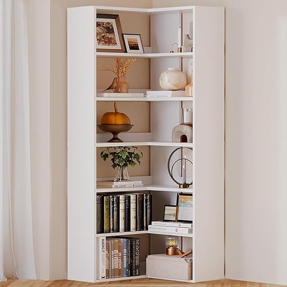 L-Shaped Corner Bookshelf 6-Tier Freestanding